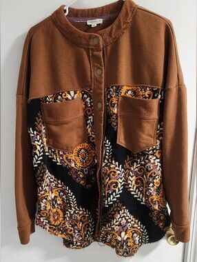 EARTHBOUND Brown Fleece Jacket with Black Multicolor Pattern Panels ,size Xl